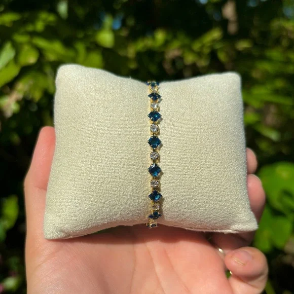 18K Gold Plated Stainless Steel Sapphire Blue & White Diamond Tennis Bracelet - Picture 2 of 5